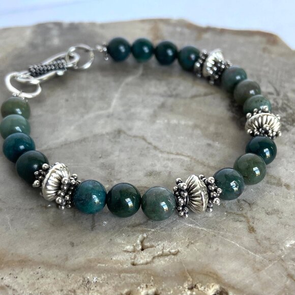 Sterling Silver 925 Round Green Moss Agate Beaded Bracelet Sz 6.75" - Picture 4 of 16